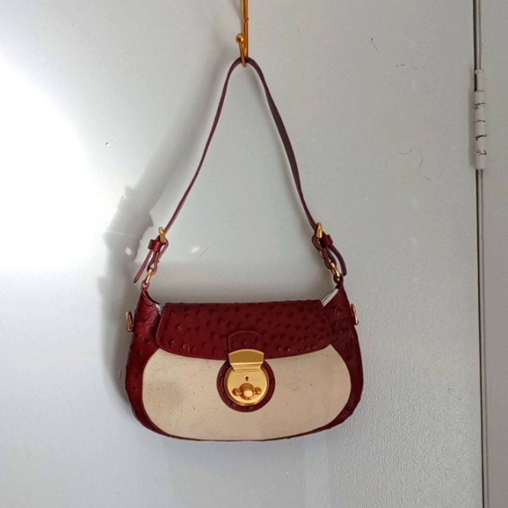 Vintage Brown Ostrich leather and Canvas Bella Borsa Bag from Italy . Never used